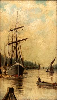 Okänd konstnär 1800/1900-tal , Hamnvy med fartyg.