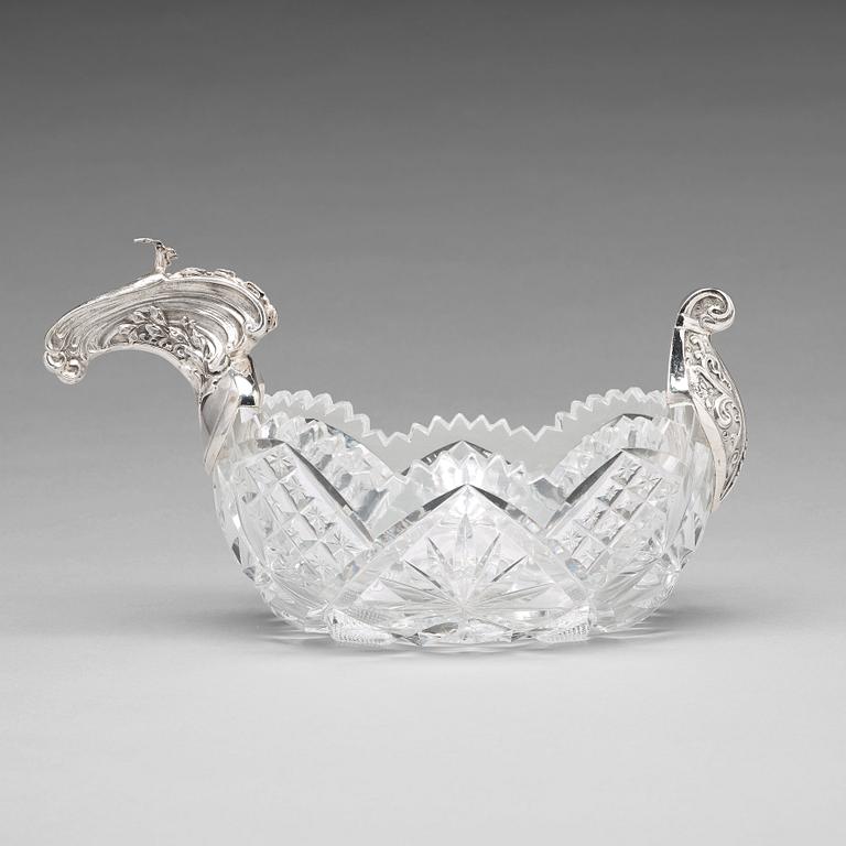 A Russian early 20th century silver and glass kovsh, marked Gratchev, Moscow 1899-1908.