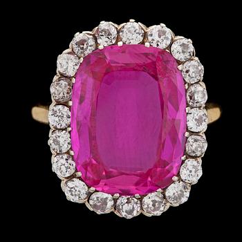 A synthetic pink sapphire and brilliant cut diamond ring, tot. app 1.50 cts.