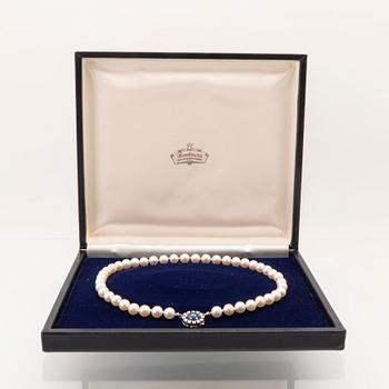 Necklace with cultured pearls, clasp in 18K white gold with cabochon-cut sapphire and round brilliant-cut diamonds.