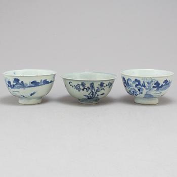 Three blue and white bowls for South East Asian market, one Ming dynasty, and two Qing dynasty.