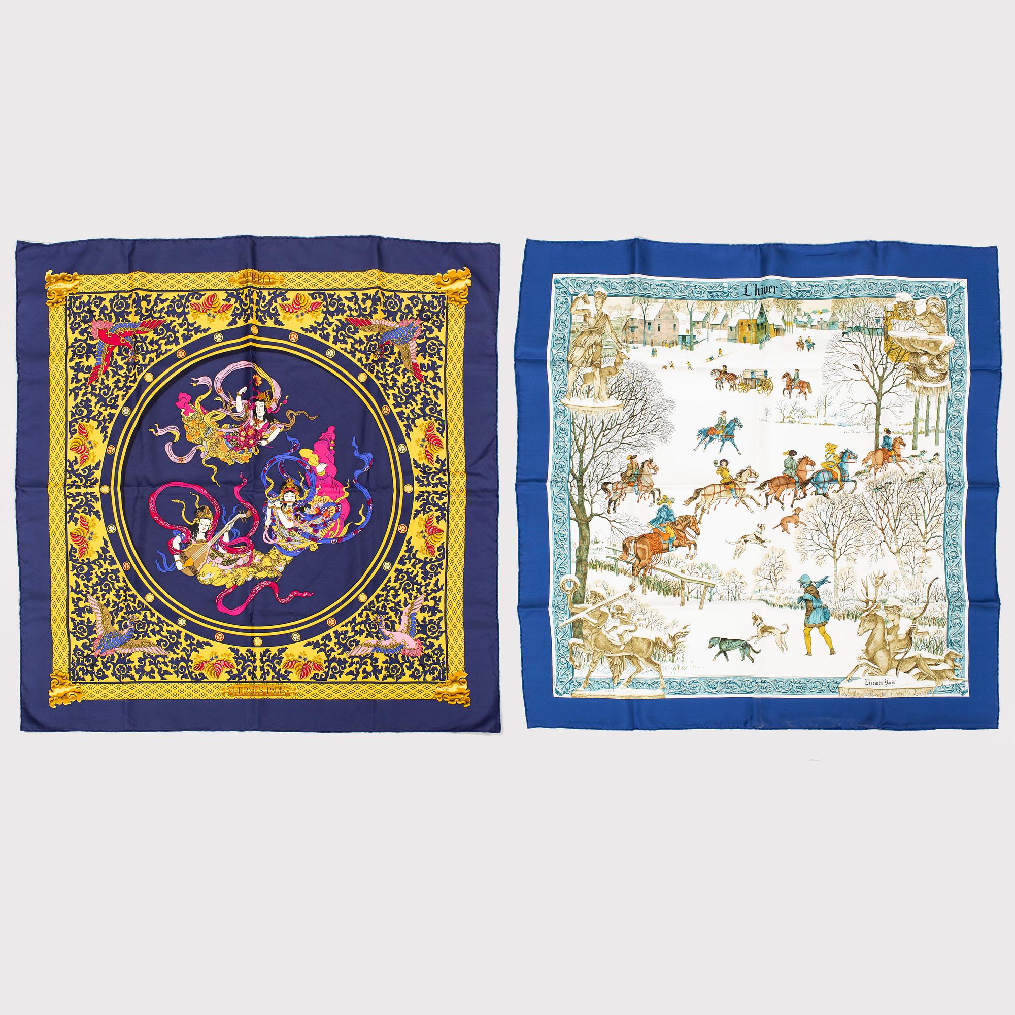 HERMÈS, 2 silk scarves, 'Nikko' & 'L'hiver'.