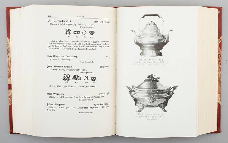 BOK, "Guld- och Silversmeder i Sverige 1520-1850", Gustaf Upmark, Stockholm, Alb. Bonniers Boktryckeri 1943.
