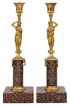 A pair of late Gustavian porphyry candlesticks.