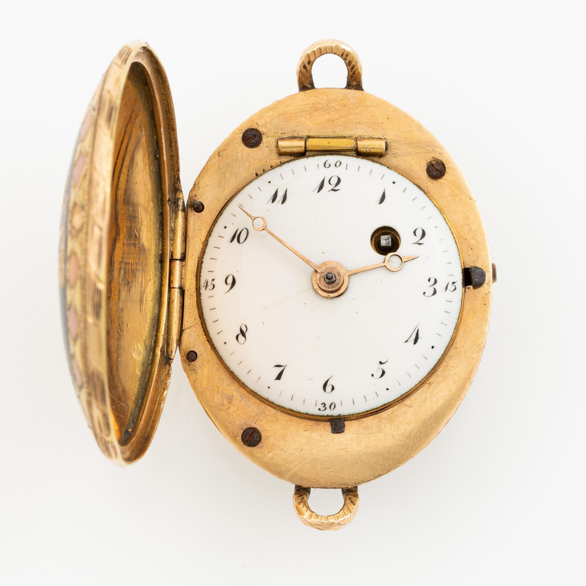 Fickur i form av korg, guld och emalj, Genève, Schweiz, tidigt 1800-tal.