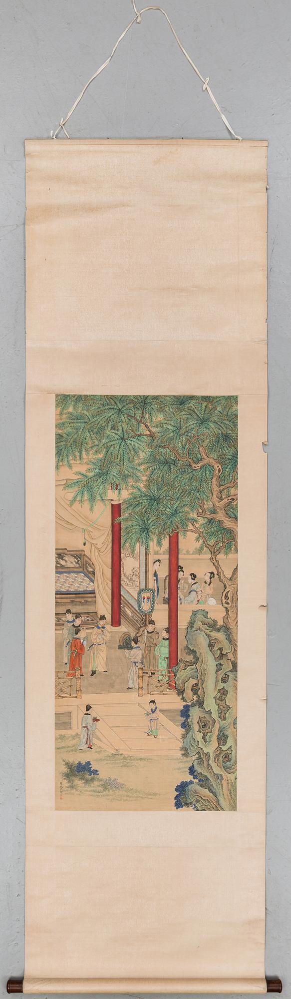 A Chinese hanging scroll, ink and color on silk. Zhou Kun, his school, first half of the 20th century.