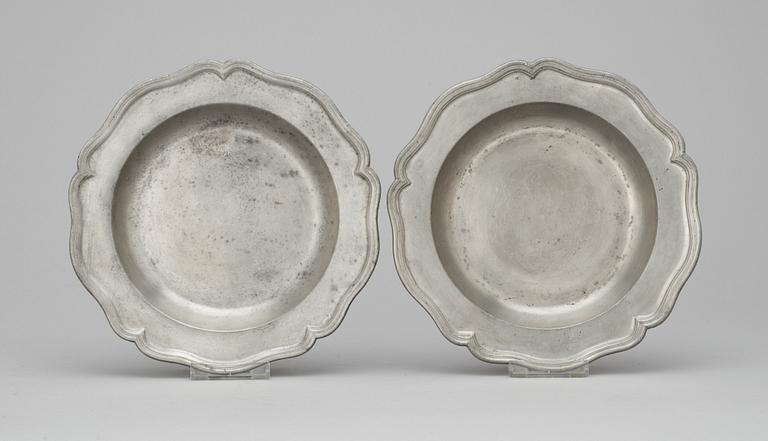 Two Swedish pewter rococo plates.