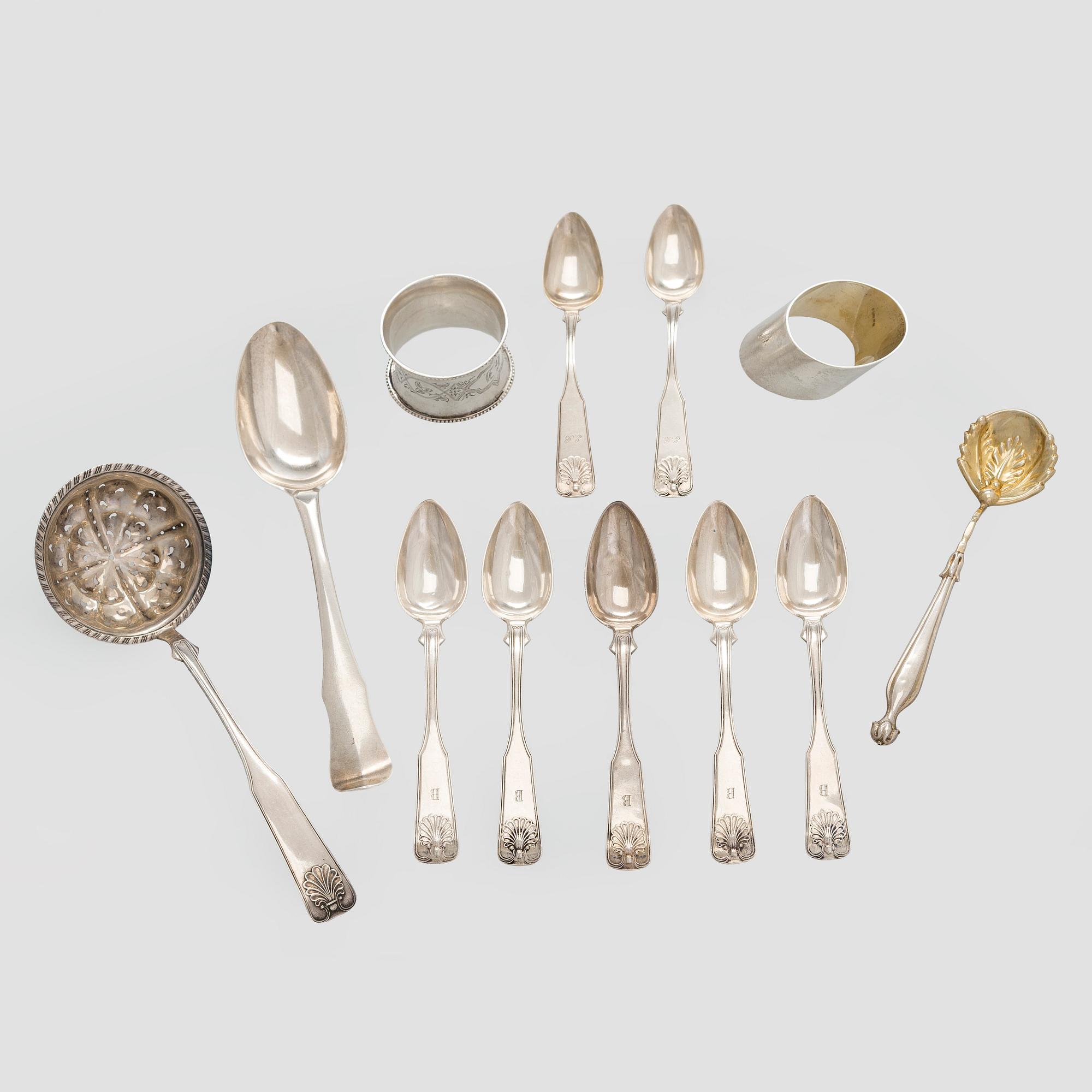 Skedar och servettringar, 12 dlr, silver, Vasa 1860-tal och Åbo 1799 -1906.