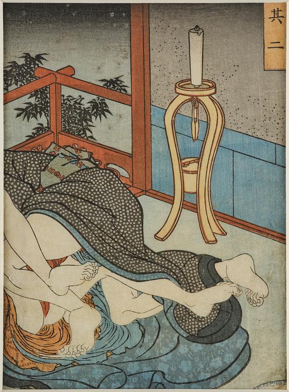 Oidentifierade konstnärer, färgträsnitt, shunga, albumblad, tre diptyker, Japan, 1800-tal.
