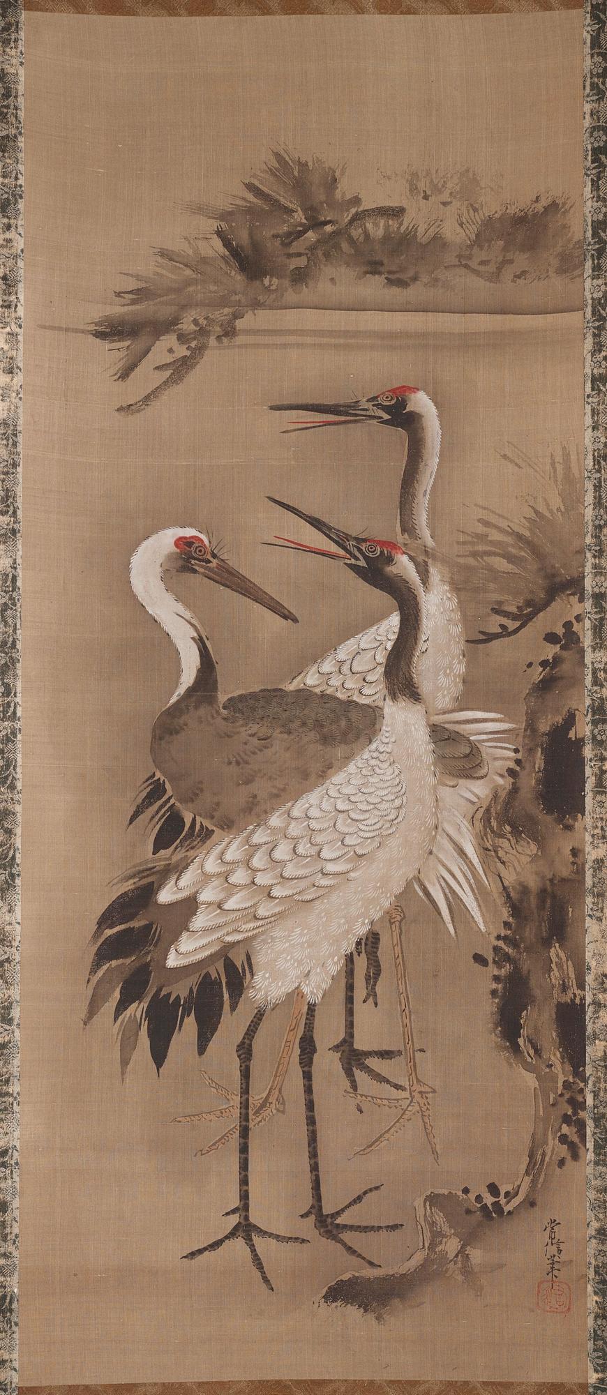 A scroll painting with cranes, signed Tsunenobu.