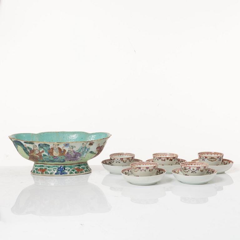 A set of five famille rose tea cups, Qing dynasty, 18th century and a bowl, Qing dynasty, 19th century.