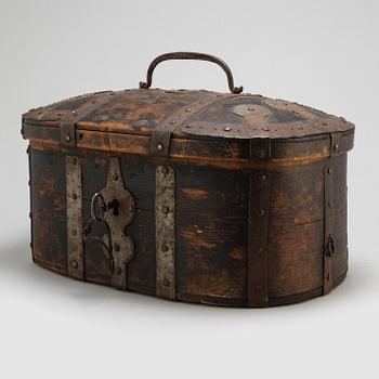 An wrought iron mounted pine box. Circa 1800.