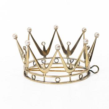 Bridal crown, gilt-silver with pearls and synthetic stones, mark of KE Carlsson, Gothenburg 1964.