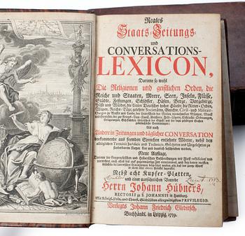 BÖCKER, 2 st, "Curieuses und Reales Natur, Kunst, Berg, Gewerck... Lexicon" samt "Reales Staats Zeitungs... Lexicon" av.