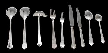 BESTICK, 65 delar, Chippendale, silver, i schatull. 1900-tal. Total vikt ca 2340 gram.