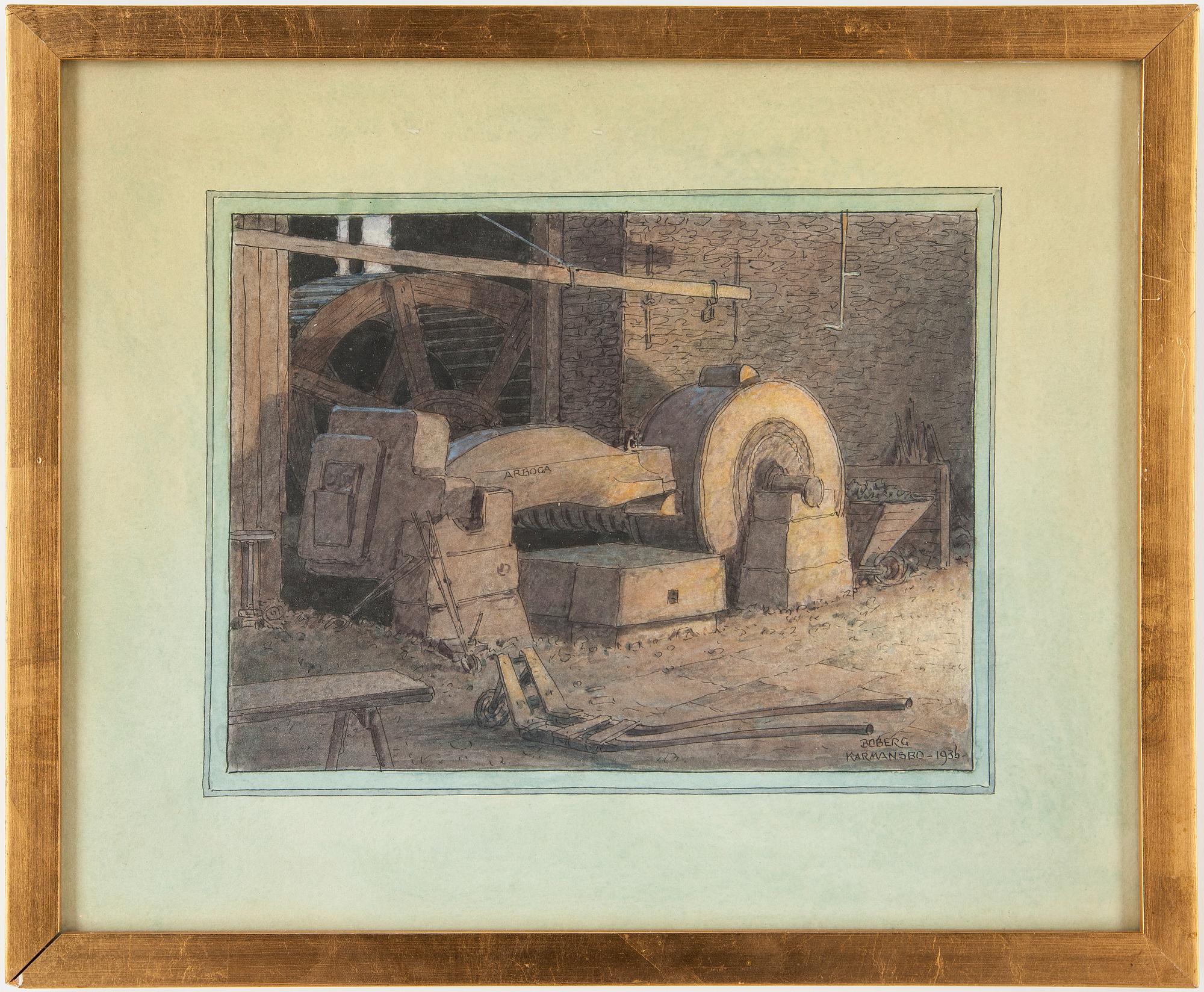 FERDINAND BOBERG, 2 st, bl a  "Karmansbo",daterad 1942 blyertsteckning/krita samt akvarell, signerade.