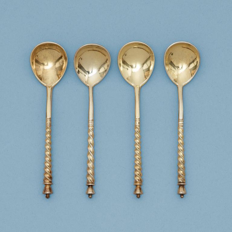 A set of four Russian silver-gilt coffee-spoons, marks of Samuel Z. Filander, St. Petersburg end of 19th century.