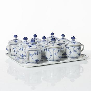 Royal Copenhagen, twelve custard cups with lids and a tray, 'Blue Fluted', Denmark.