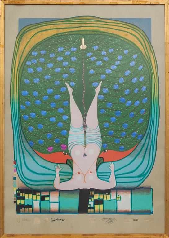 FRIEDENSREICH HUNDERTWASSER, färgserigrafi med metallprägling, stämpelsignerad och numrerad 3679/4200.