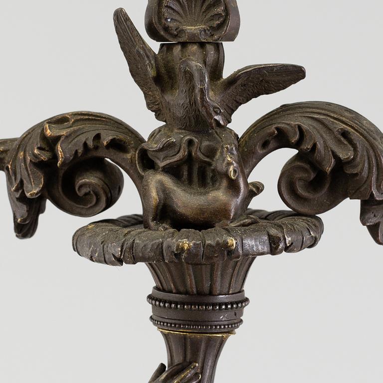 A pair of late 19th century patinated brass candelabra.
