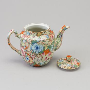 A Chinese famille rose 'mille fiori' porcelain teapot with cover, 20th century.