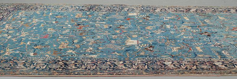 A CARPET, an antique/semi-antique Tabriz part silk figural, ca 345-346 x 217,5-232 cm.