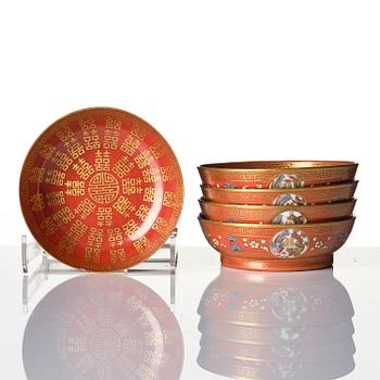 A group of five coral-red-ground famille-rose 'Imperial wedding' wares, Qing dynasty, Tongzhi period.