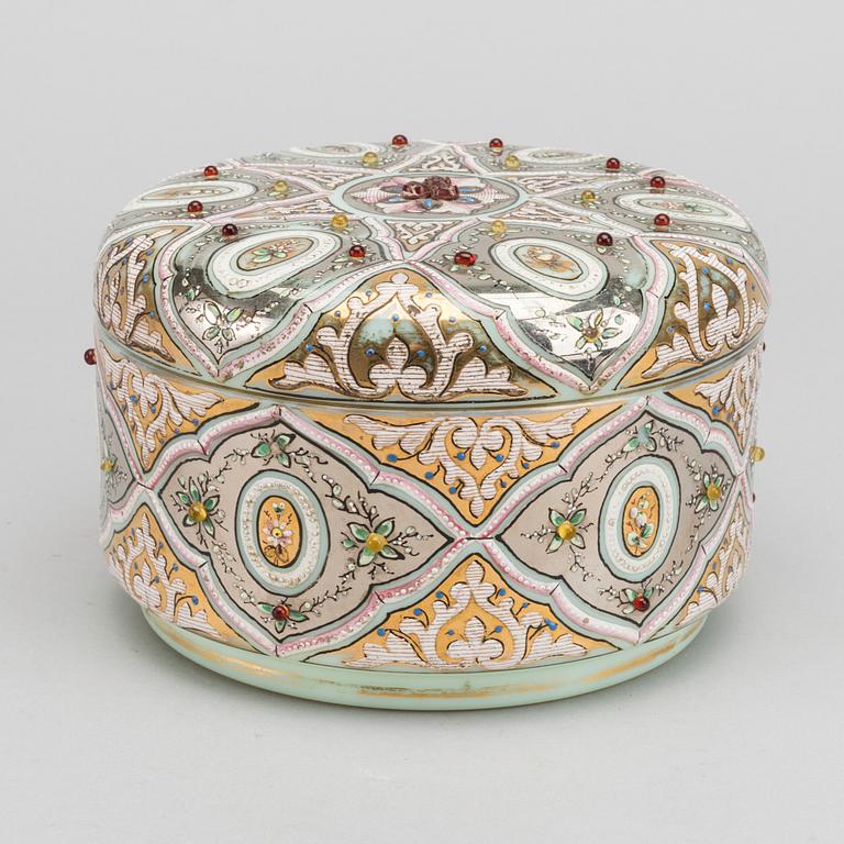 A probably Russian glass bowl with lid,a round 1900.