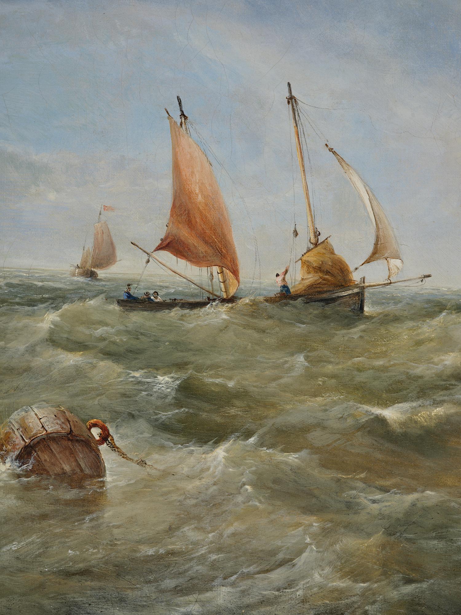 James Edwin Meadows, Sailing boats in rough weather by the coast with a lighthouse.