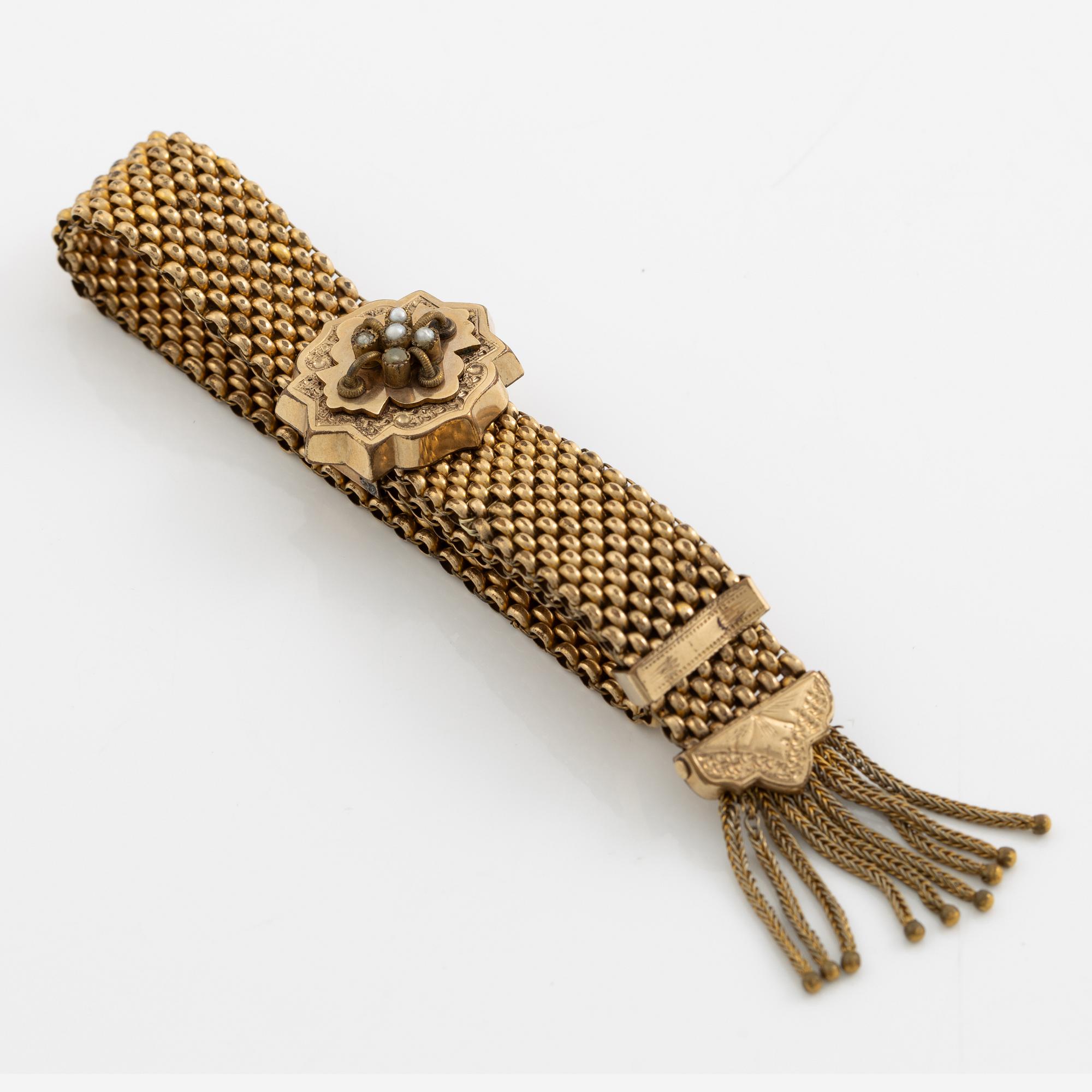 Bracelet and pendant/brooch, gilded possibly silver, with pearls 19th century.