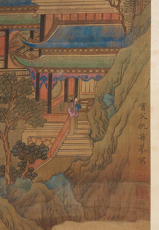 RULLMÅLNING,  flodlandskap i Qiu Yings (1494-1551) stil, sen Qingdynasti (1644-1912).