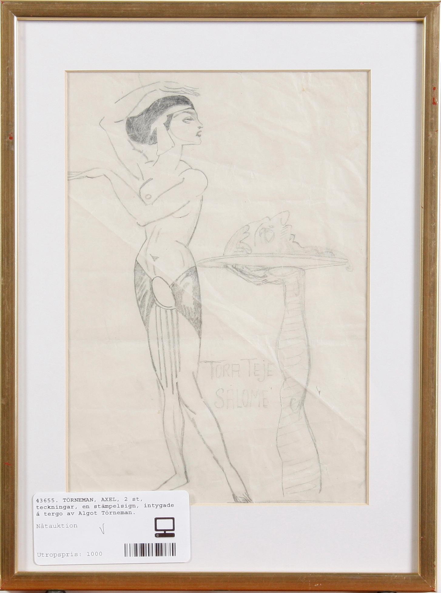 TÖRNEMAN, AXEL, teckningar, 2 st, en stämpelsign, intygade á tergo av Algot Törneman.