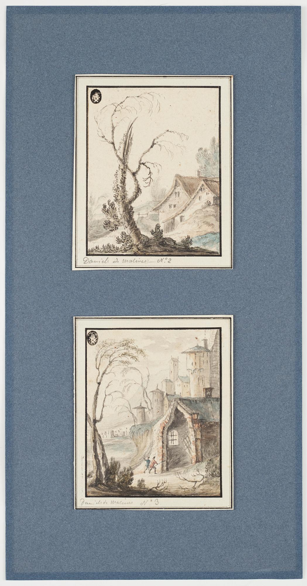 OKÄND KONSTNÄR 1600-TAL. Påskrift 'Daniels de Malinas'. (2). Akvarell och tusch, vardera 12 x 9,5 cm.