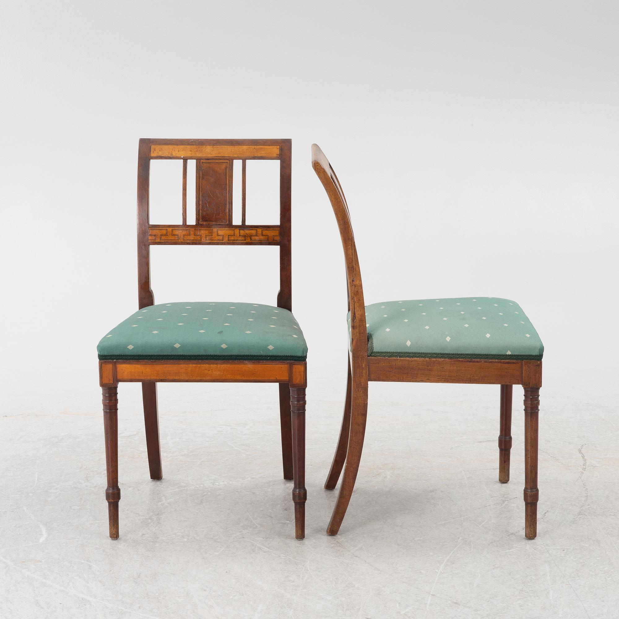 Stolar, 5 st, empirestil, omkring år 1900.