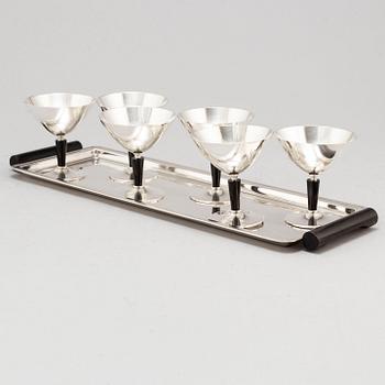 FOLKE ARSTRÖM, cocktailglas, 6 st, samt  bricka, nysilver, 1930/40-tal.