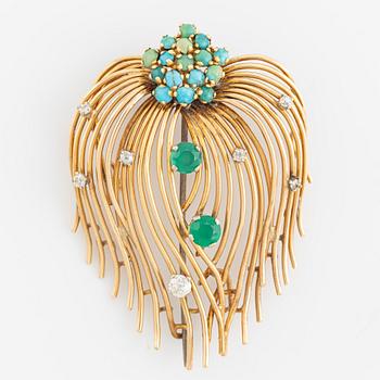 An 18K gold brooch set with turquoises, old-cut diamonds and green quartz.