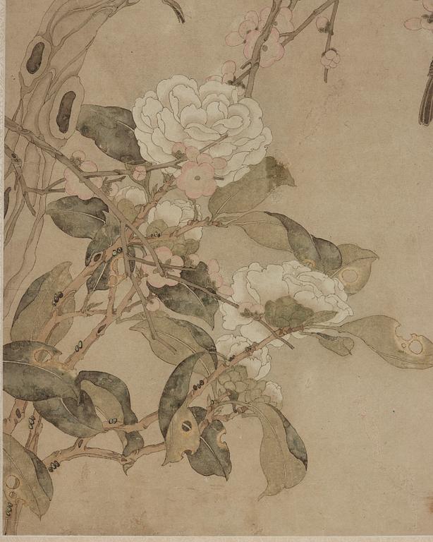 MÅLNING, av Chen Zhifo, signerad, blommande kamelia, prunus och sparvar.