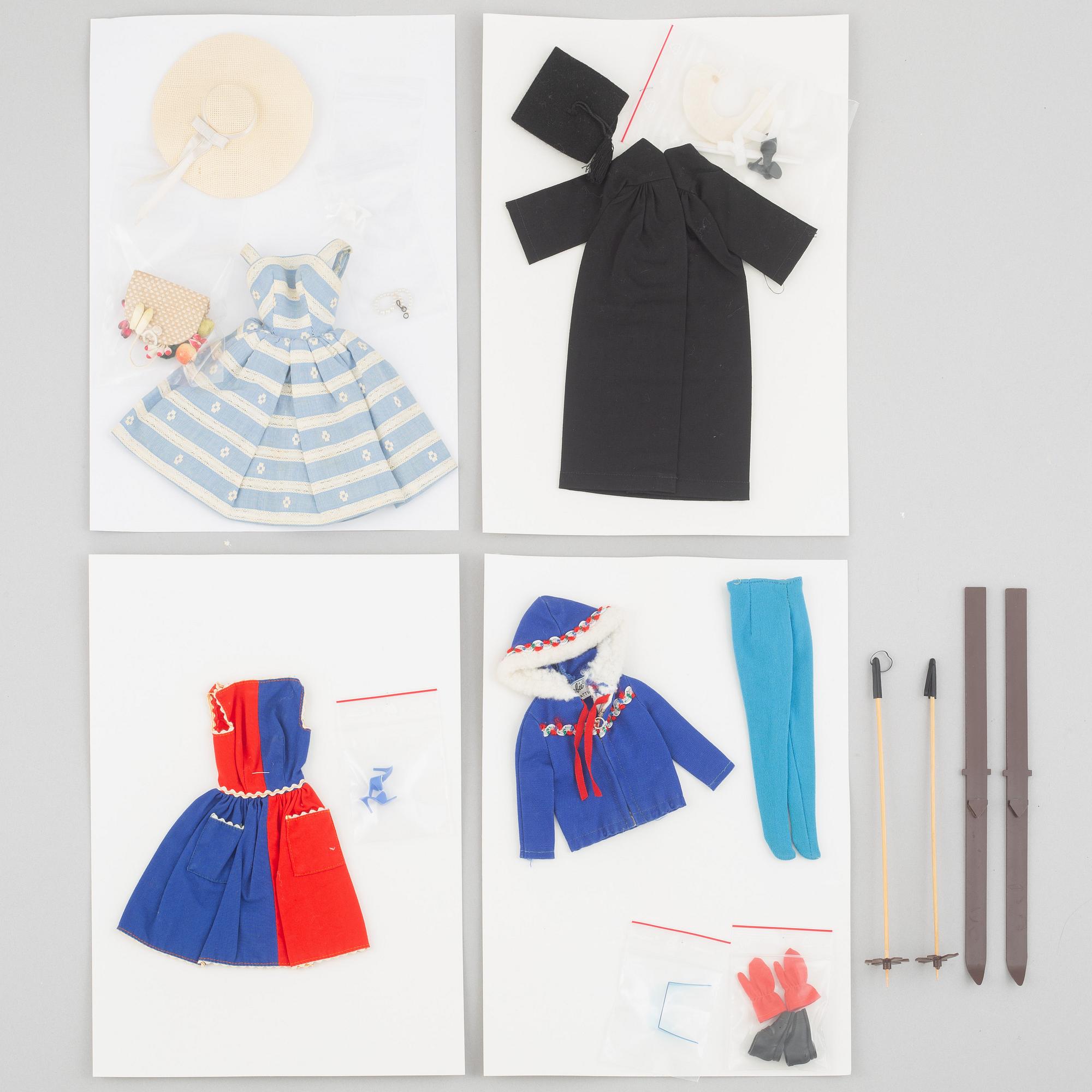 Clothing sets, Barbie, 4 pcs, including "Barbie Graduation 945" & "Barbie Ski Queen 948", Mattel, 1960s.