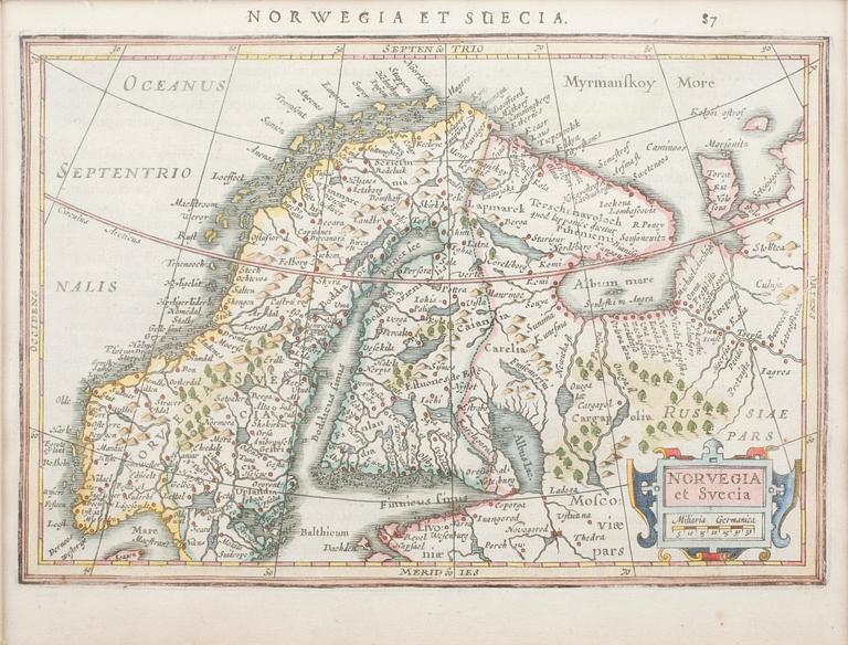 KARTA, handkolorerad etsning, Norge och Sverige, troligen 1600/1700-tal.