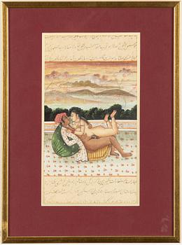 Unidentified artist, Erotic scenes in interior and landscape, India, 20th century. Two pieces.