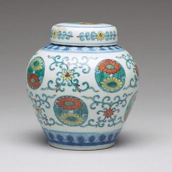 A Chinese doucai chrysanthemum medallion jar with cover, 20th Century, presumably republic.