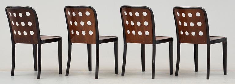 A set of four Josef Hoffmann dark stained beech chairs, model nr 8111, by Thonet post 1929.