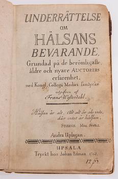 BÖCKER, 2 st, "Sveriges Rikes Lag... 1734" och "Underrättelse om hälsans bevarande", Stockholm 1797 resp. Upsala 1768.