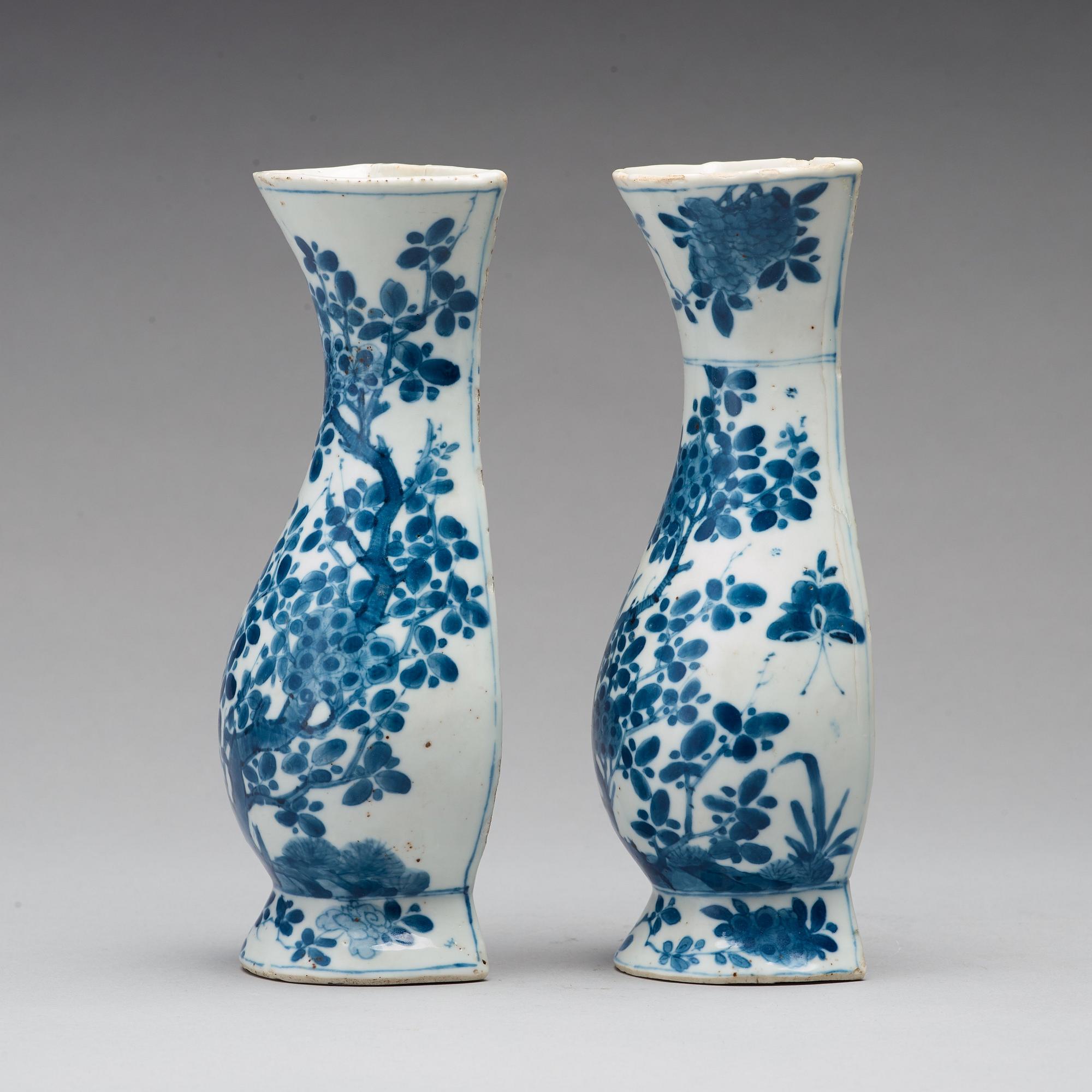 Two blue and white wall vases, Qing dynasty, early 18th Century.