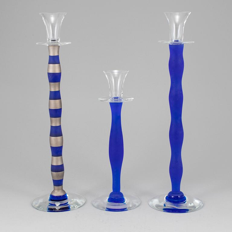 ANNE NILSSON, three 'Celeste' glass candlesticks from Orrefors.