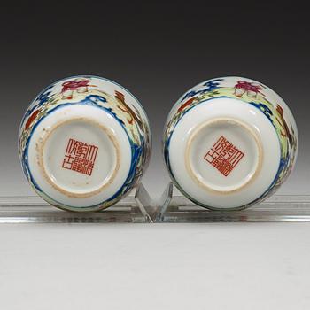 A pair of famille rose rooster cups, China, second half of 20th Century, sealmark in red.