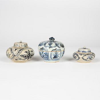 A group of three blue and white boxes with covers, South East Asia, 16/18th Century.