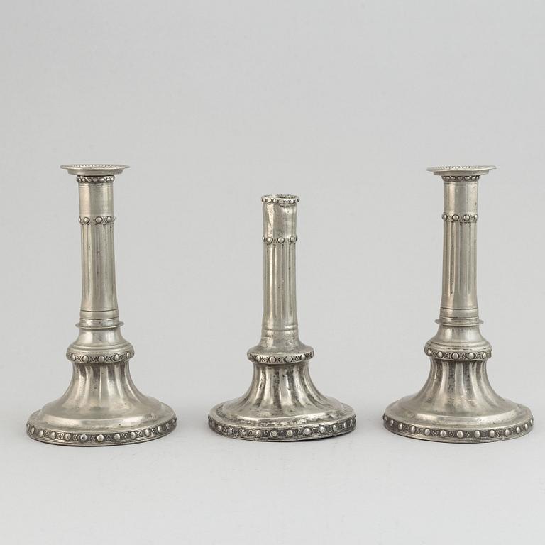 2+1 swedish pewter candlesticks, mark of Martin Gustaf Moberg, Jönköping 1791-93.