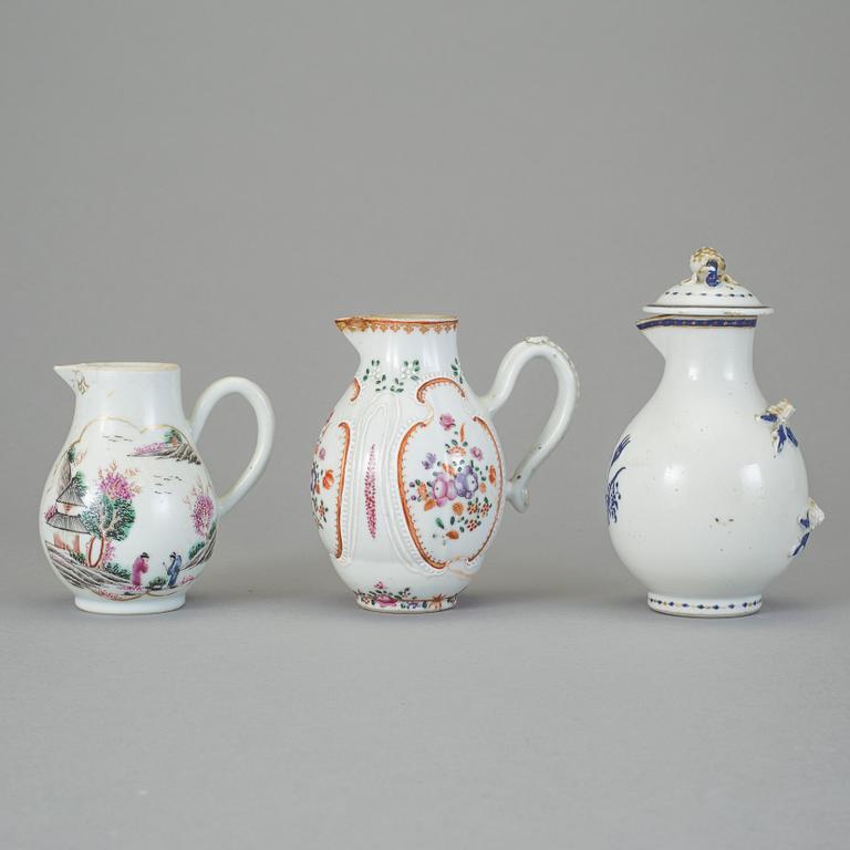 KANNOR, 3 st, kompaniporslin, Kina, 1700-tal.