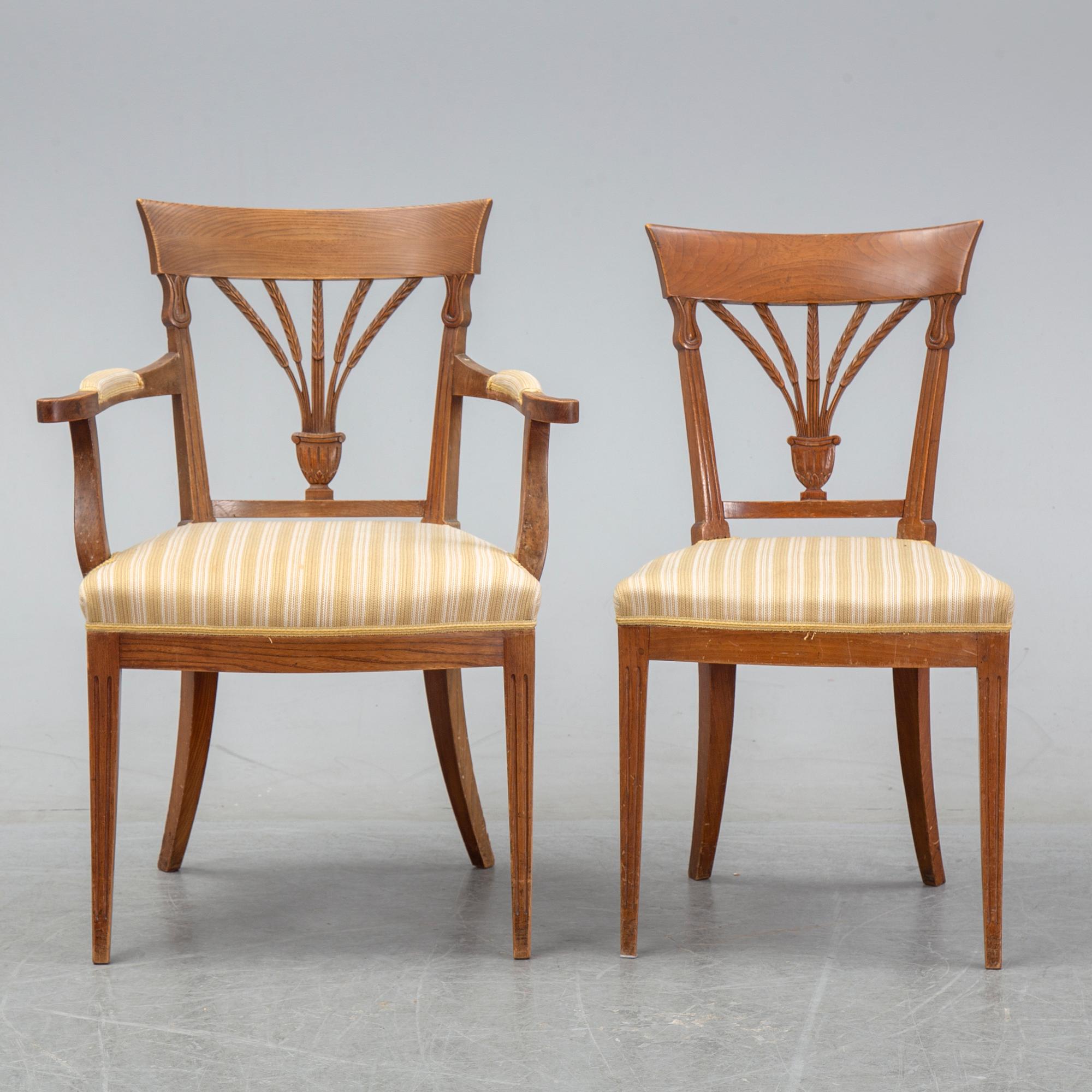 A set of four French Directoire chairs and four Directoire-style chairs, circa 1800 and circa 1900 respectively.